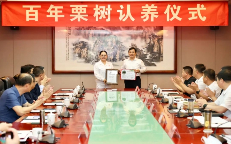 遵化市委书记杨绍华向QY千亿集团董事会主席张荣华颁发古树认养荣誉证书